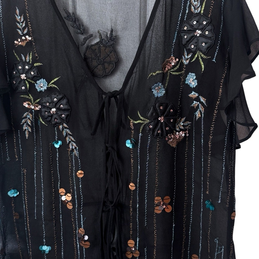Y2K Molato Black Sheer Floral Sequin Tiefront Cardigan Whimsical Ethereal XL/XXL - Picture 6 of 12